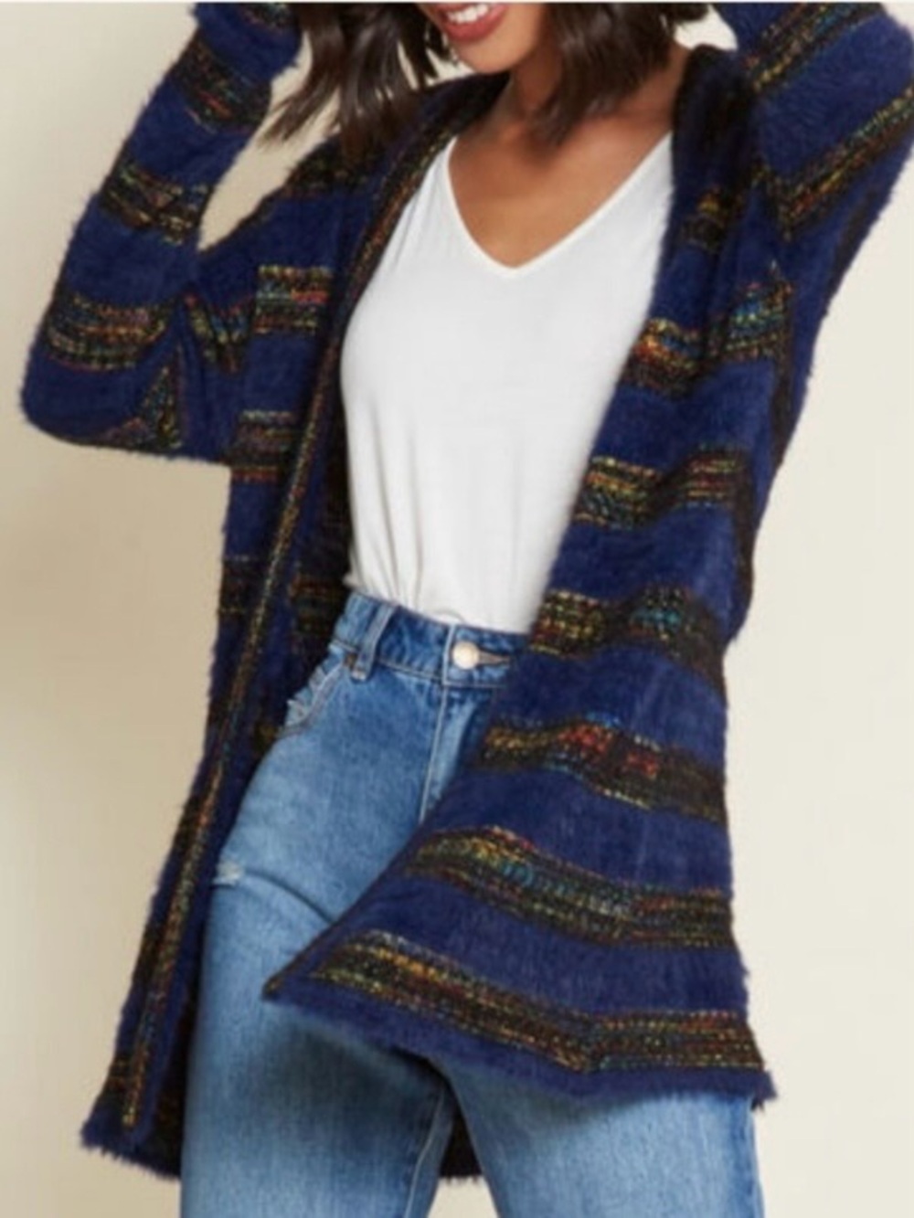 MODCLOTH Color &  Character Eyelash Open Front Striped Cardigan Sweater M